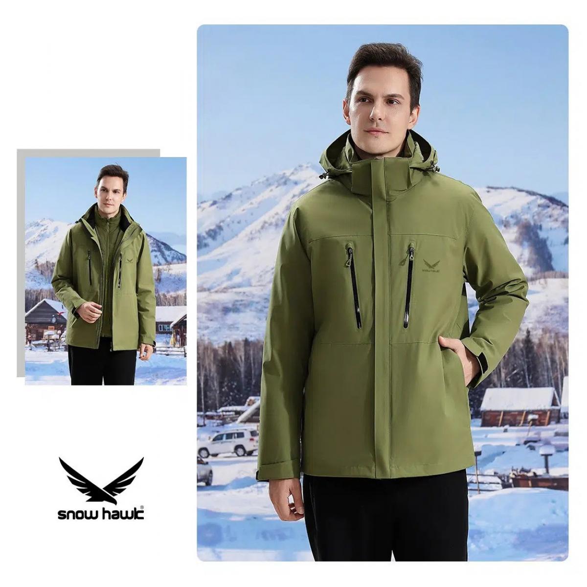 ‏کاپشن دوپوش پر 68997 زیتونی - unisex detachable 3 in 1 two piece down jacket code 68997